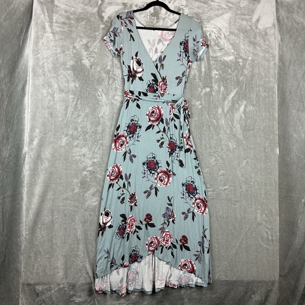 About A Girl Dress Women's M Blue Red Floral Print Faux Wrap Hi Low Hem